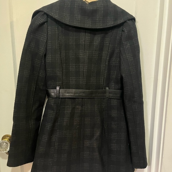 Mackage Wool Coat – Black & Gray Plaid with Leather Belt (XS) - Picture 3 of 5